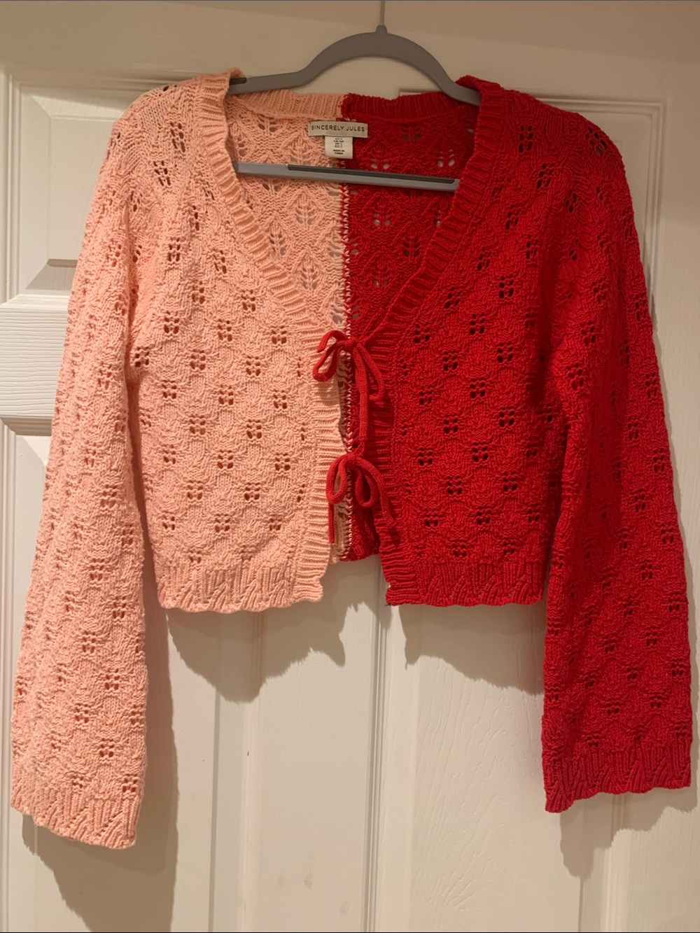 Sincerely Jules Two-Tone Pink & Red Knit Tie-Front Cardigan